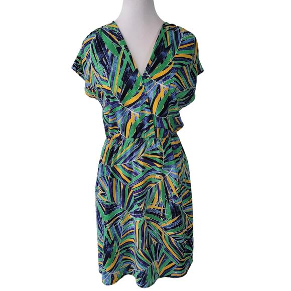 Halogen Size XS Tropical Jungle Cap Sleeve V-Neck Faux Wrap Blue Green Dress - Picture 1 of 9